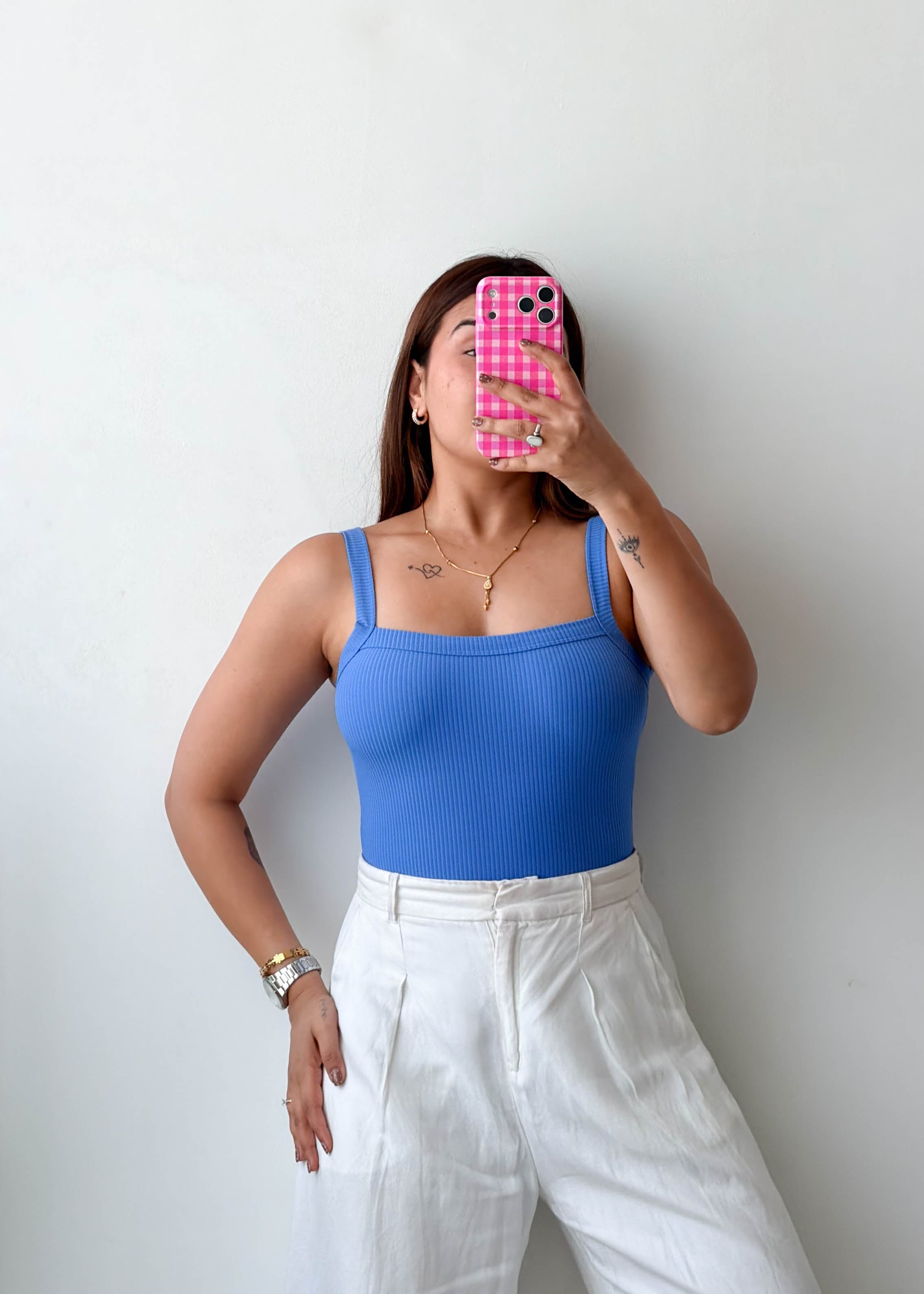 Size XS-S Blue Ribbed Square Neck Bodysuit