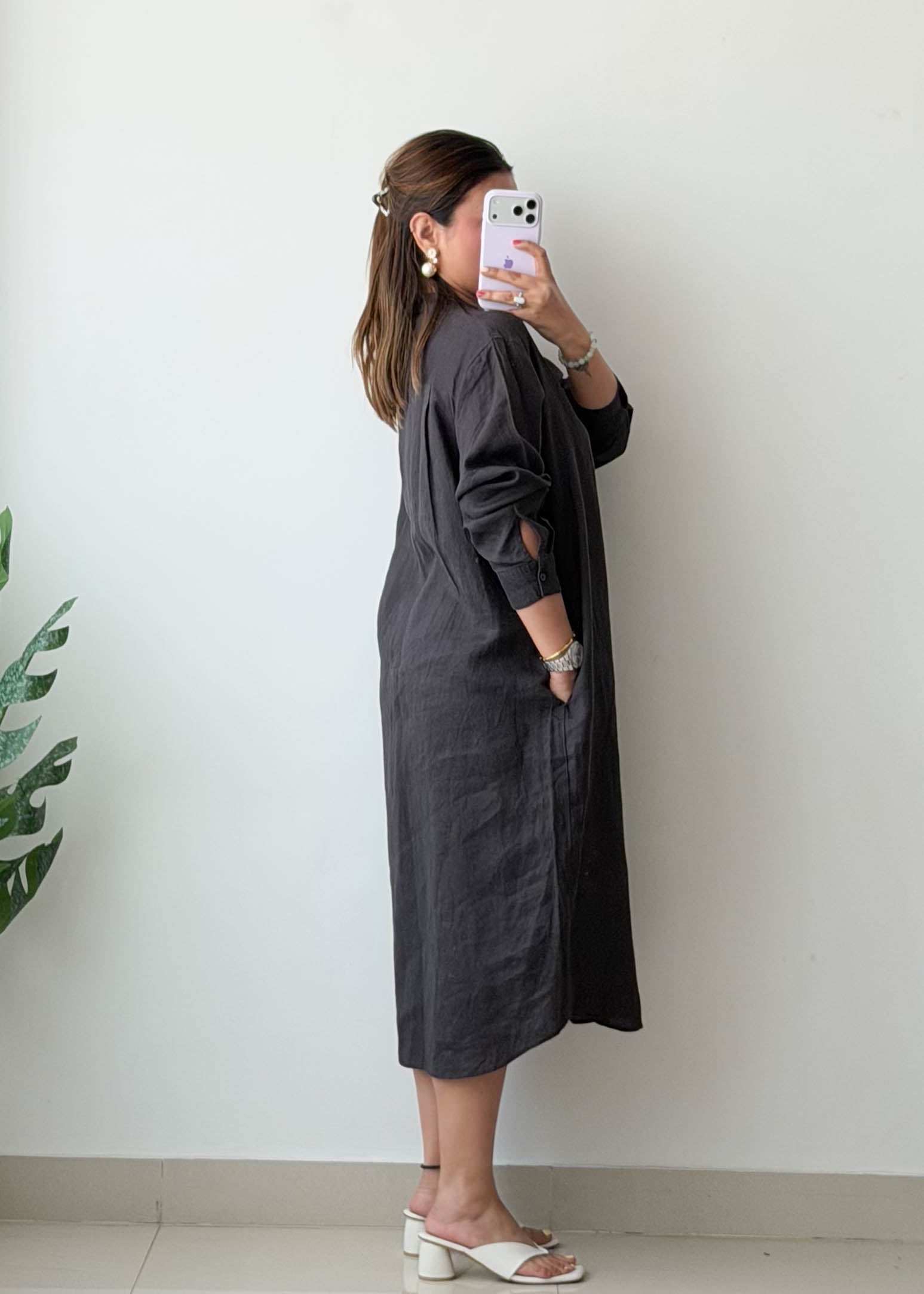 M-L Black Oversized Shirt Dress