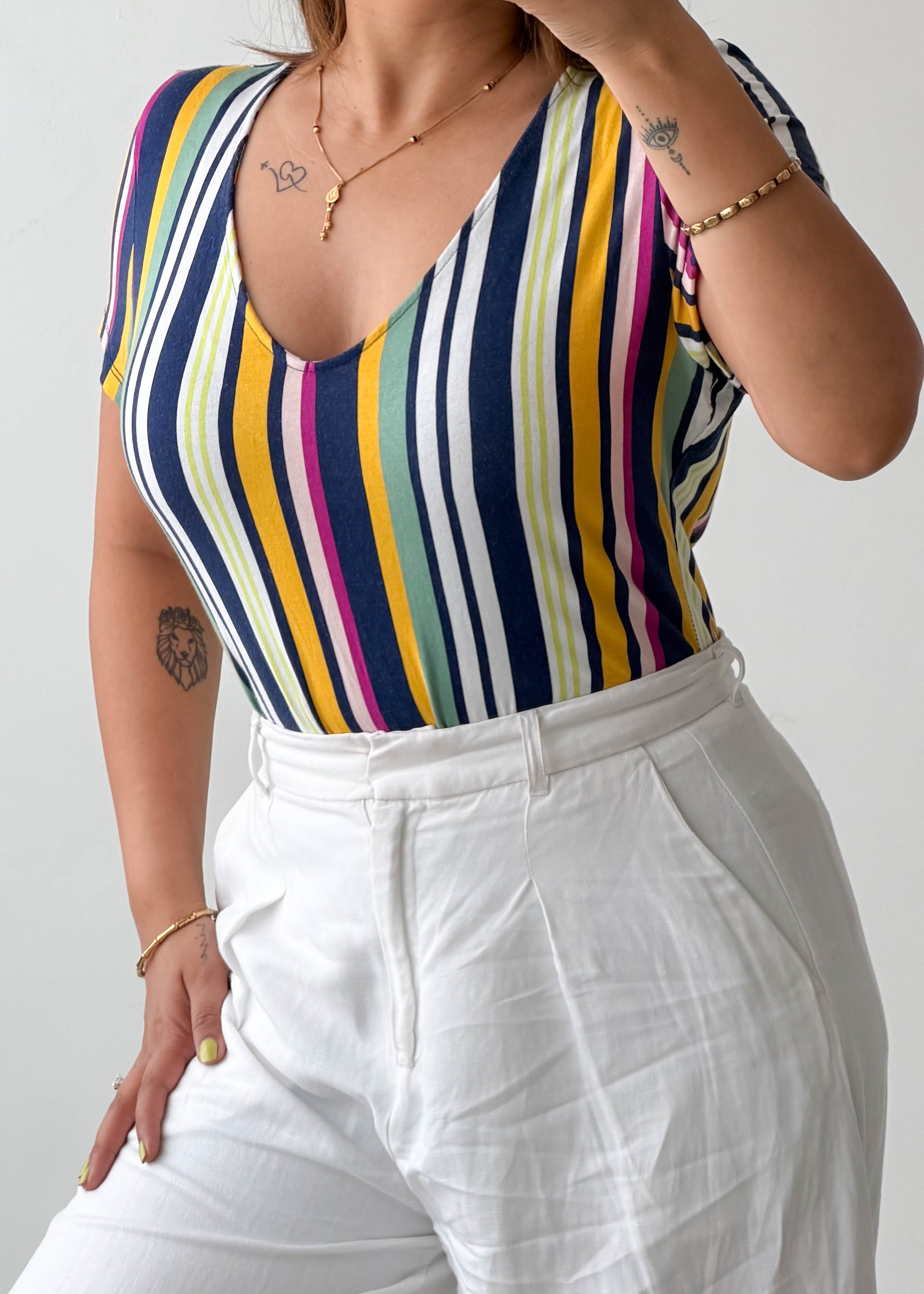 Size L-XL Multicolor Striped V-Neck Bodysuit
