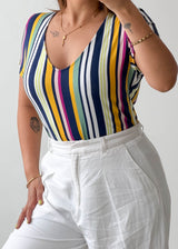 Size L-XL Multicolor Striped V-Neck Bodysuit