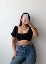 Size XS-S Black Puff Sleeve Crop Top