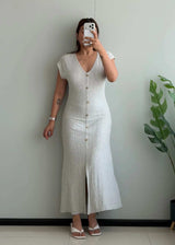 SIZE S-M, Light Grey Button Front Ribbed Midi Dress - Closet by Payal