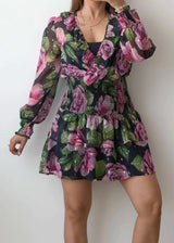 Size S-M, Black Floral Wrap Mini Dress