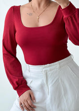 Size M-L Wine Puff Sleeve Square Neck Top
