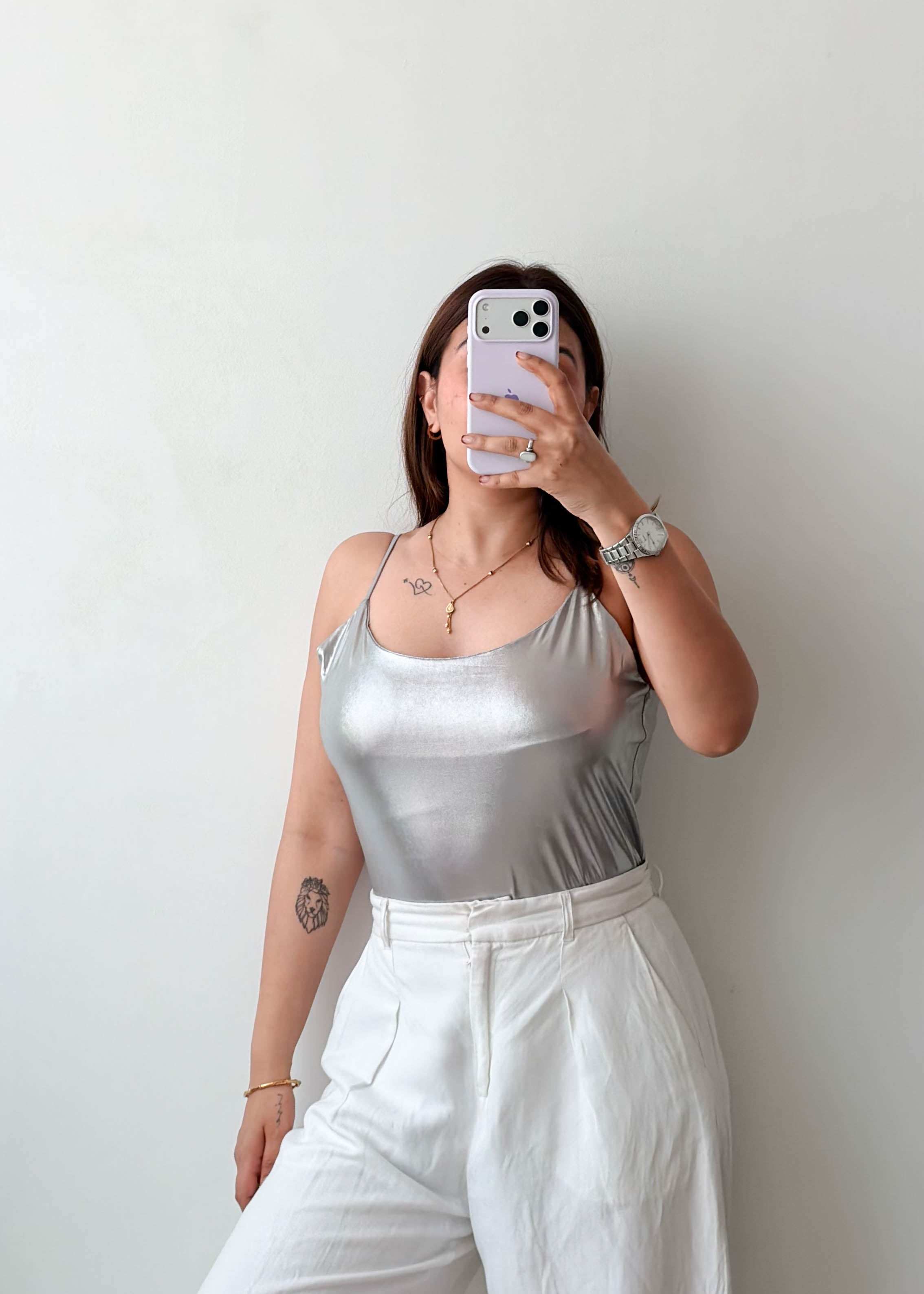 Size M-L Silver Satin Cami Bodysuit