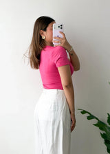 Size L, Hot Pink Round Neck Half Sleeve Bodysuit