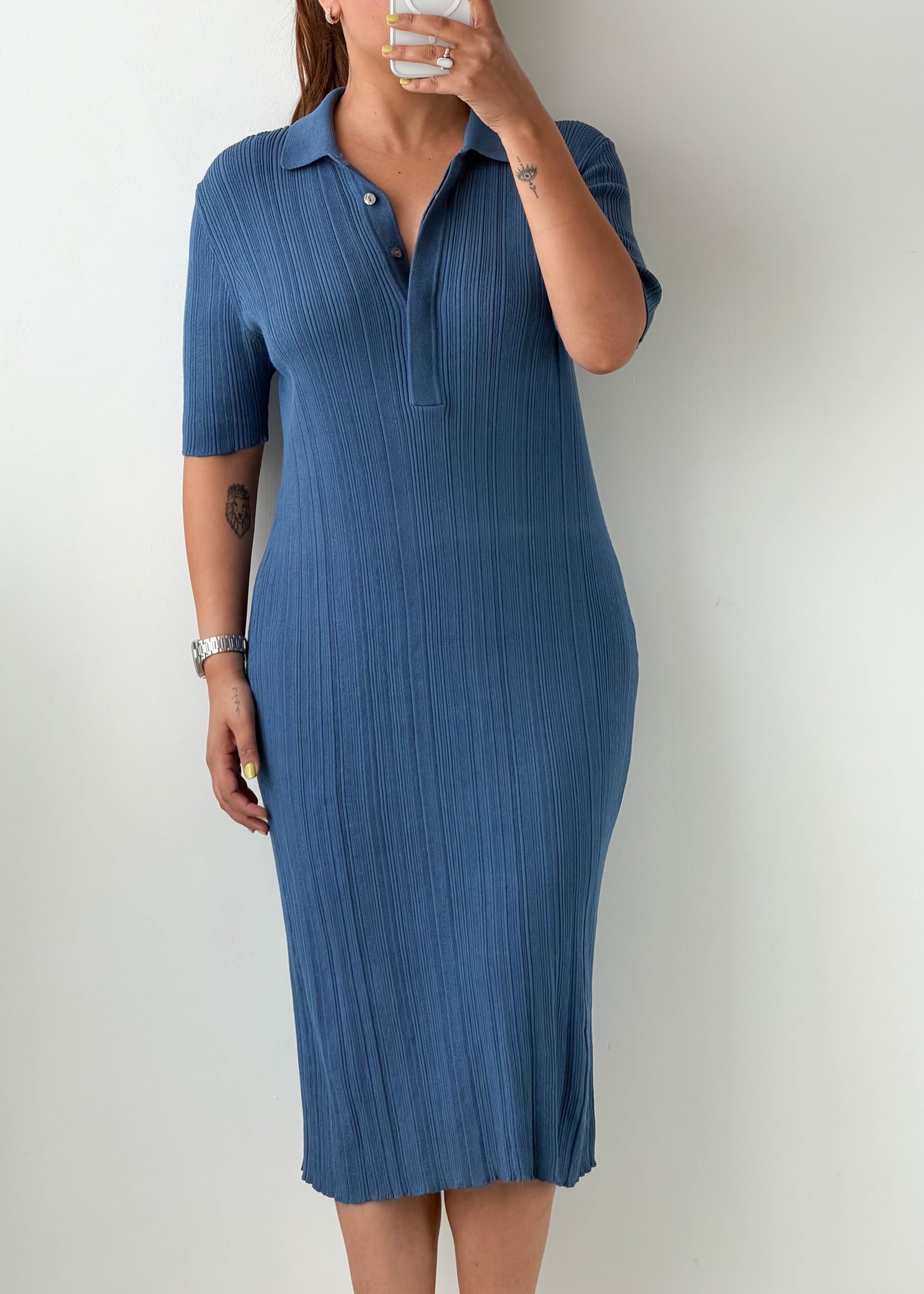 Size L-XL Blue Ribbed Polo Midi Dress