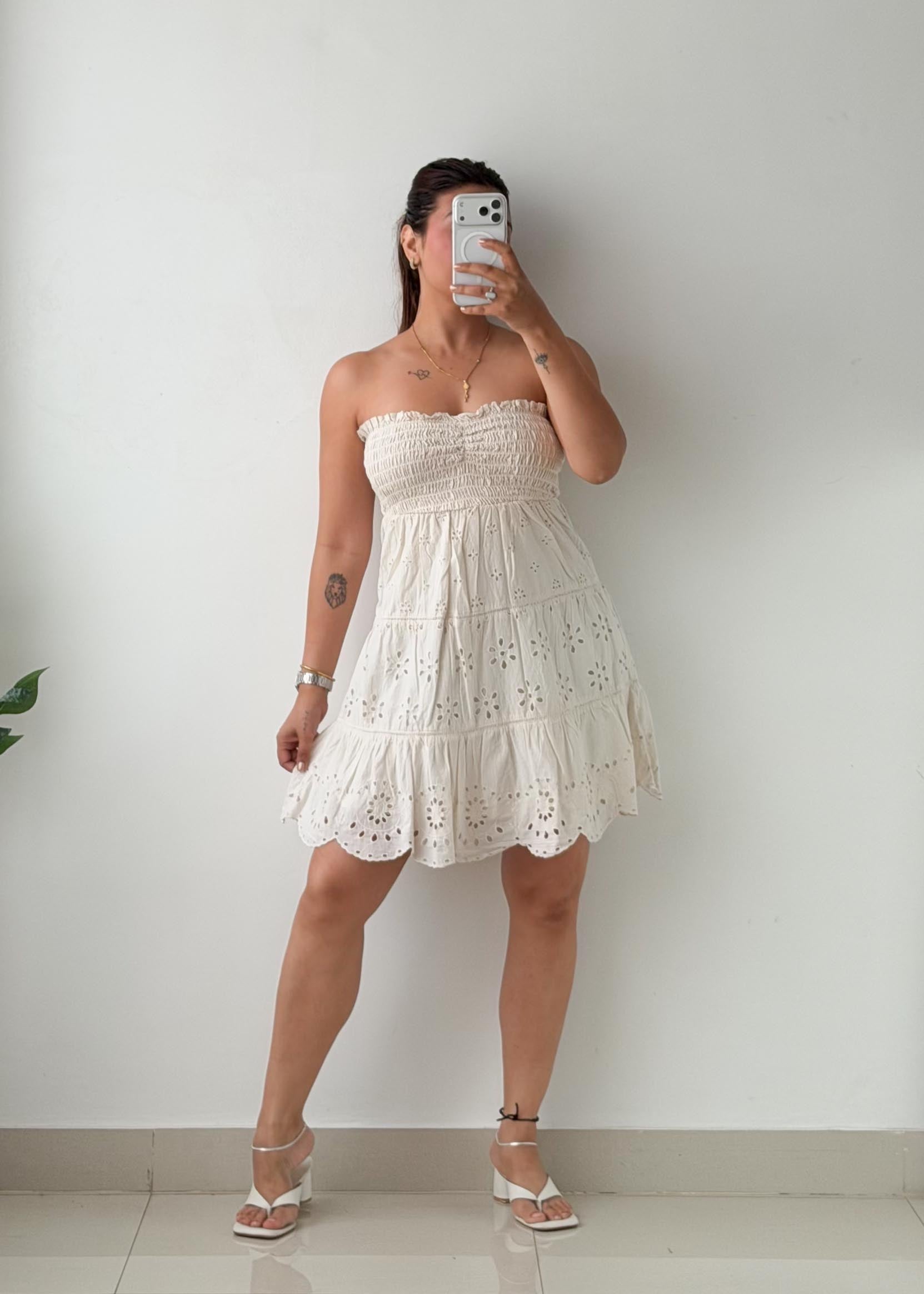 Size S-M White Broderie Smocked Mini Dress