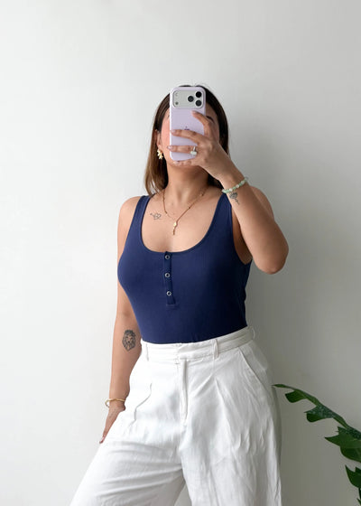 Size L-XL, Navy Blue Button Front Scoop Neck Bodysuit