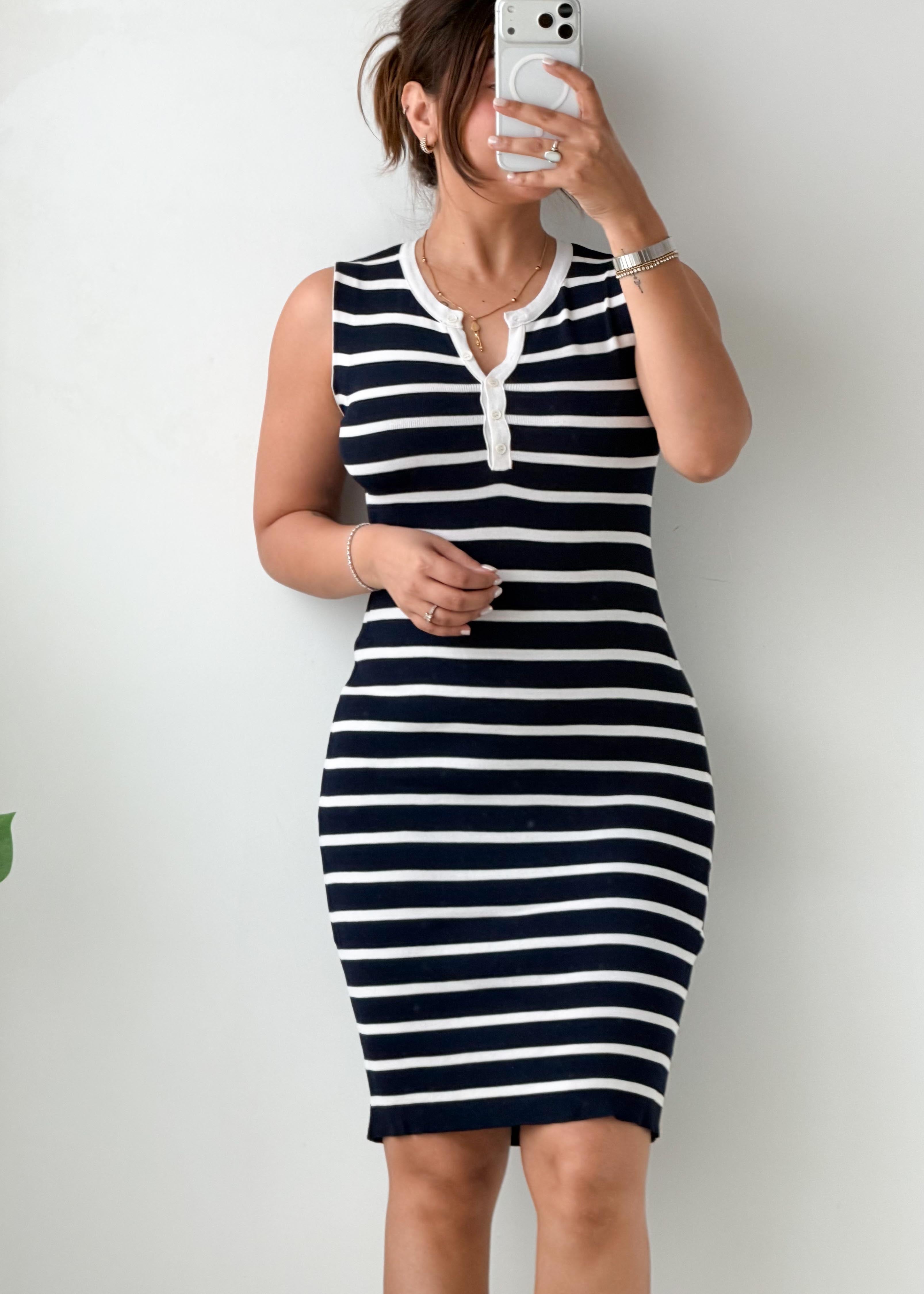 Size S-M Navy & White Striped Ribbed Mini Dress