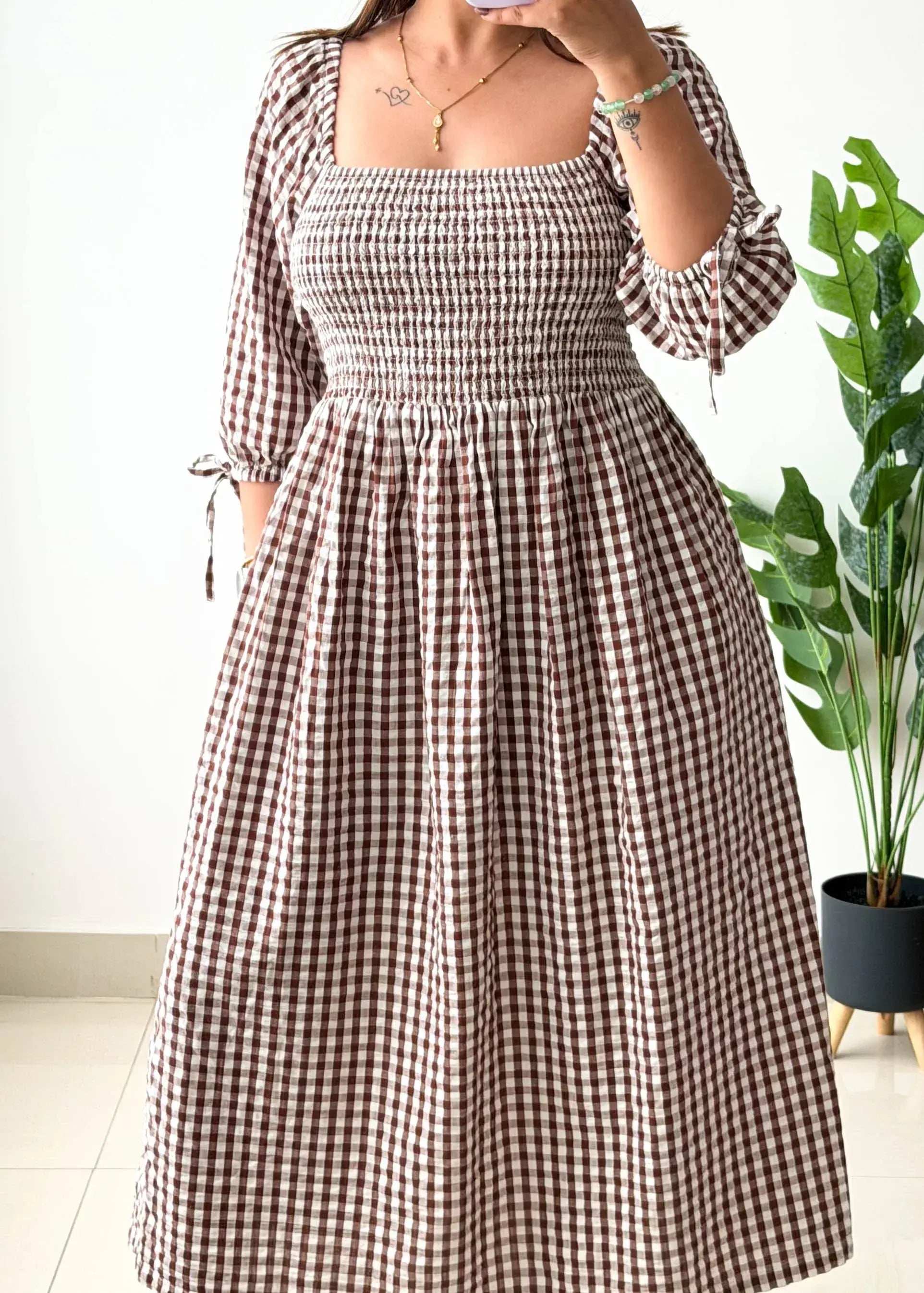 Size M-L, Brown Gingham Smocked Midi Dress