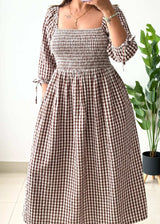 Size M-L, Brown Gingham Smocked Midi Dress