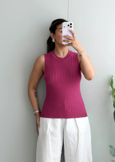 Size M-L, Magenta Ribbed Sleeveless Top - Closet by Payal