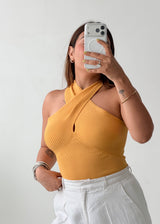 Size S-M Mustard Cross Halter Knit Top