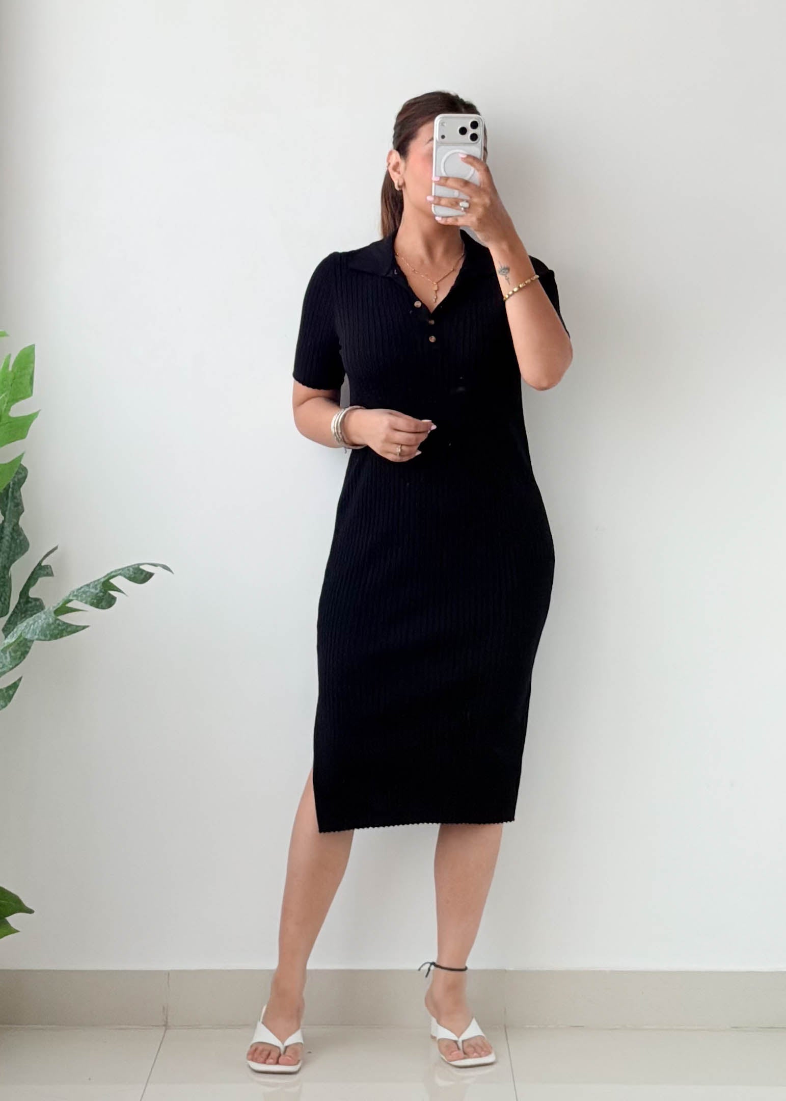 Size M-L Black Polo Ribbed Midi Dress