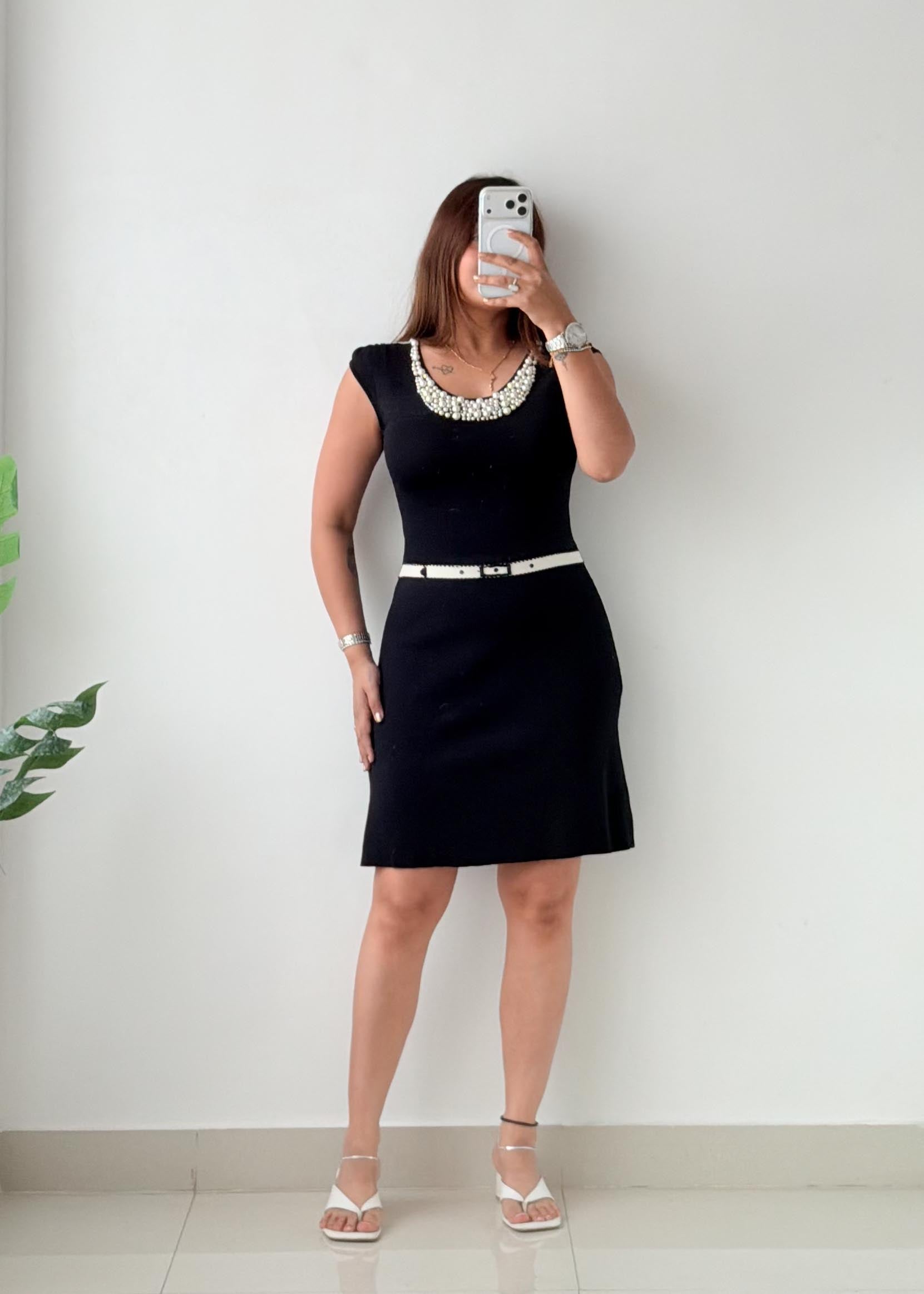 Size S-M Black Embellished Neck Knit Mini Dress