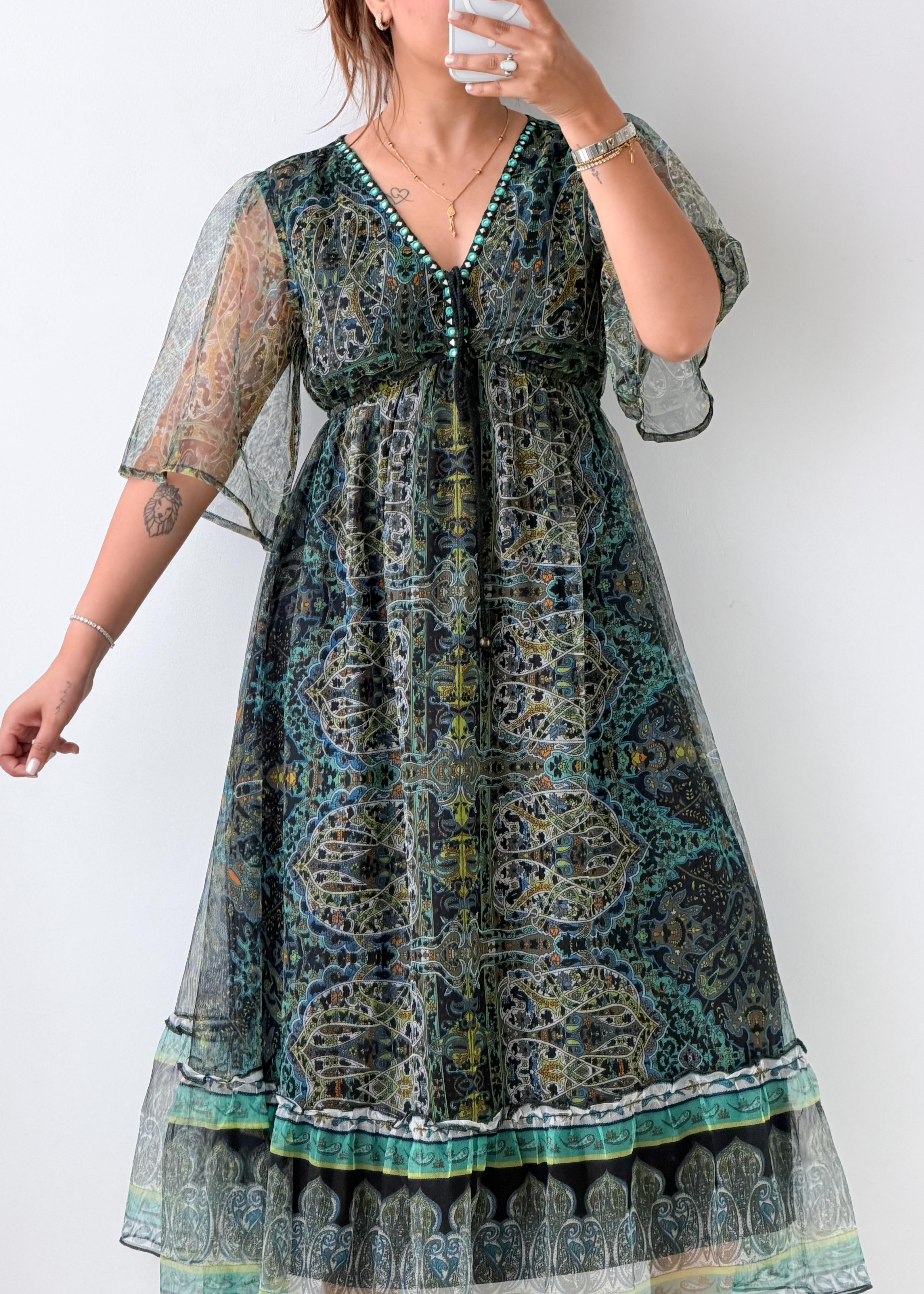 Size S-M Green Printed Mesh Maxi Dress