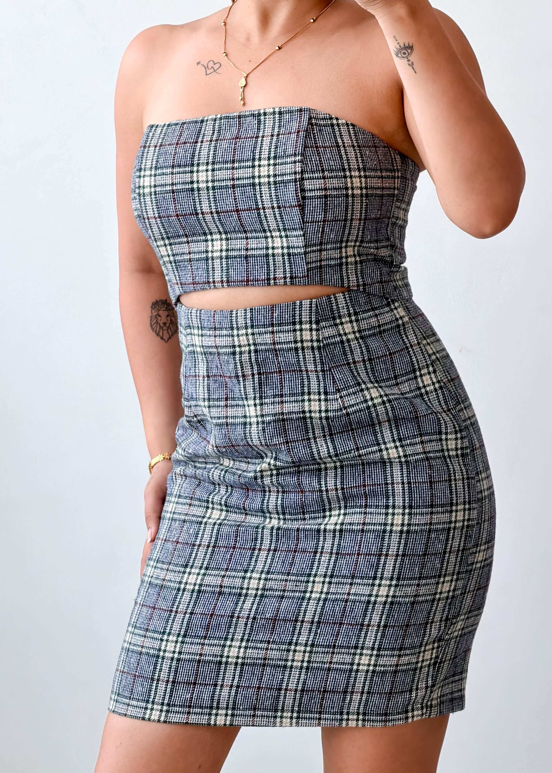 Size M Grey Plaid Cut-Out Mini Dress