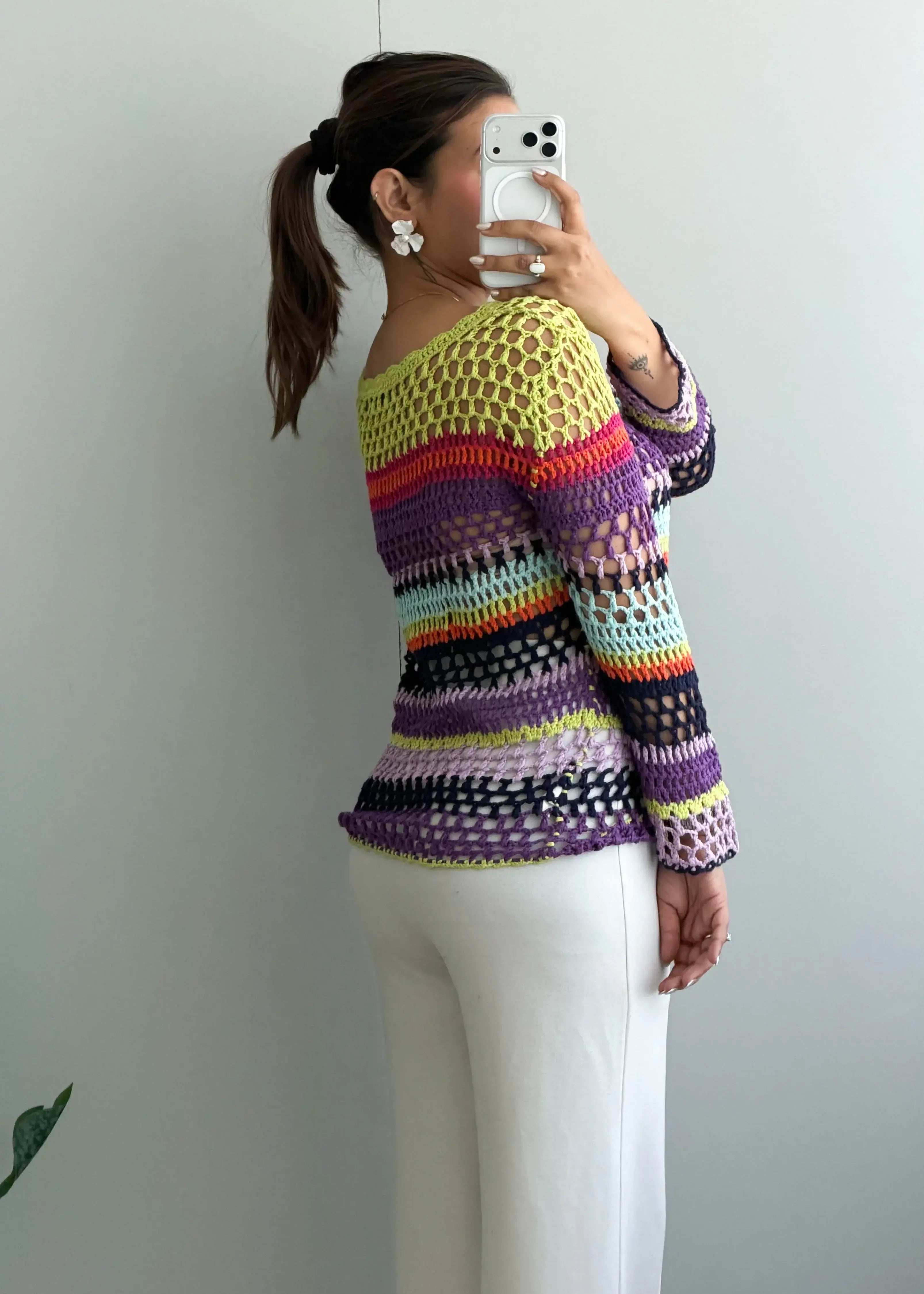 Size S-M, Multi-Color Crochet Stripe Top - Closet by Payal