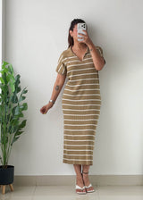 Size M-L Khaki Striped Polo Maxi Dress