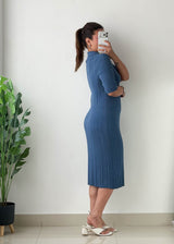 Size L-XL Blue Ribbed Polo Midi Dress