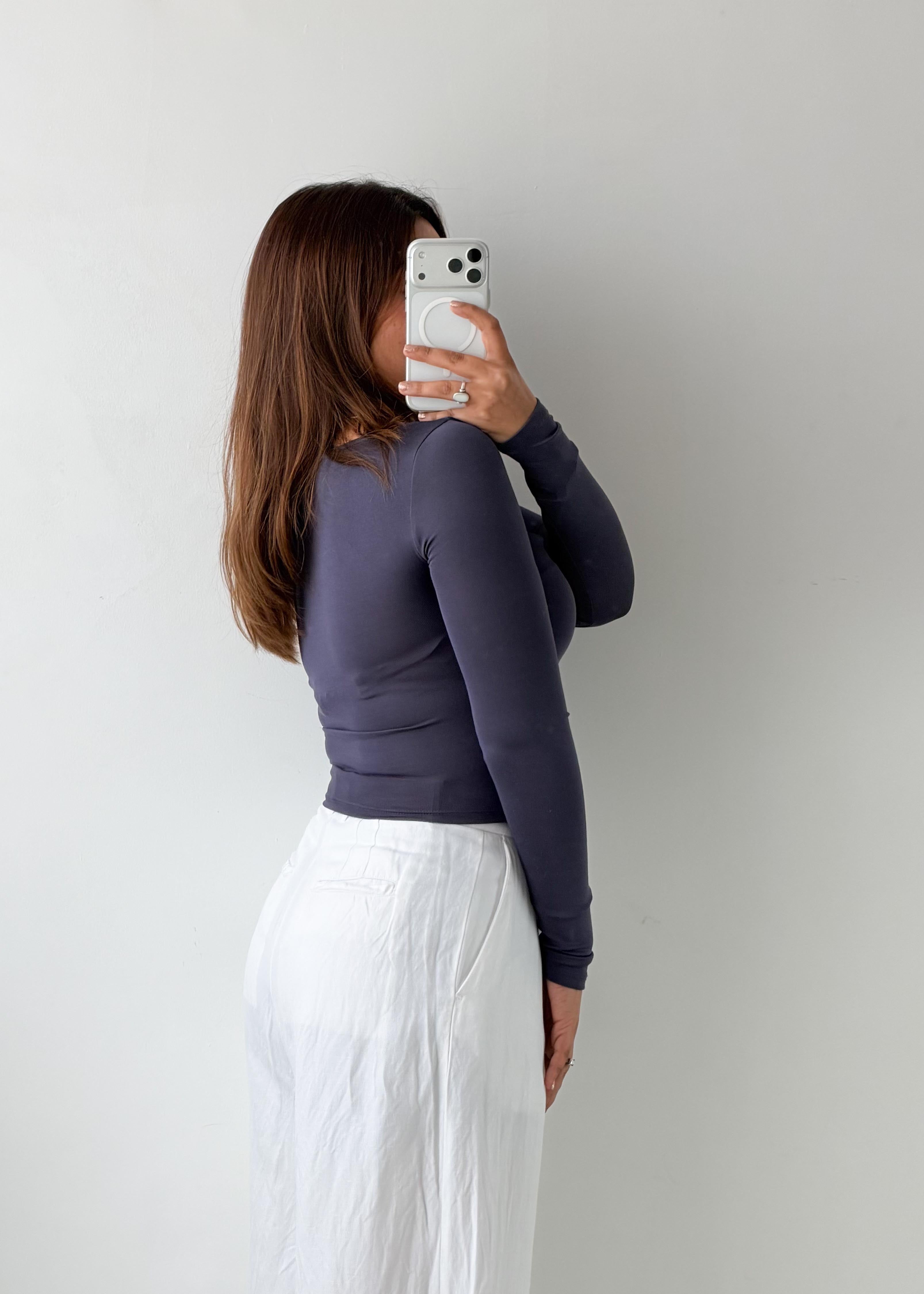 Size XS-S Slate Blue Square Neck Long Sleeve Top