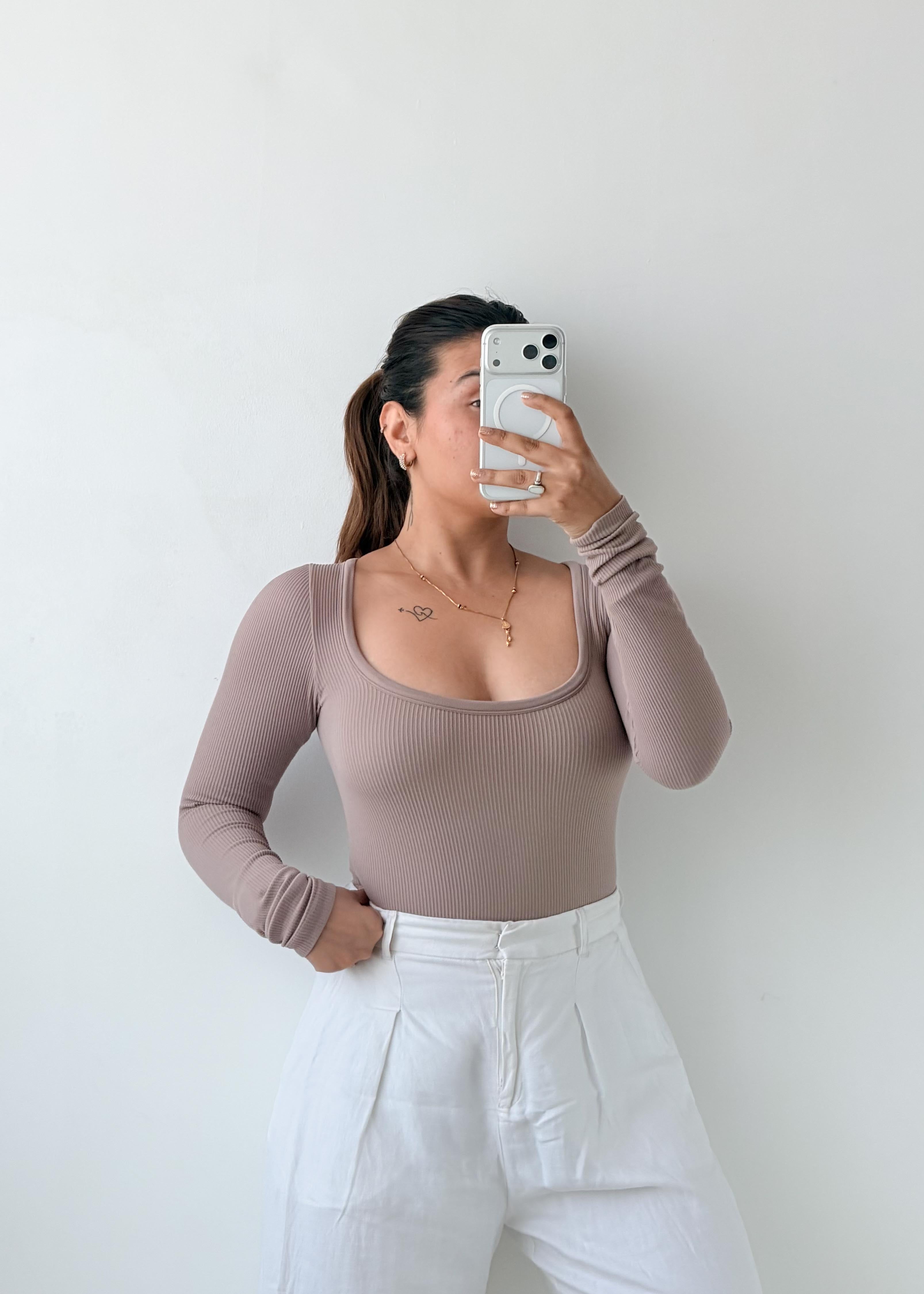 Size XS-S Taupe Ribbed Square Neck Bodysuit