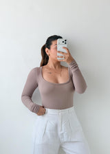 Size XS-S Taupe Ribbed Square Neck Bodysuit