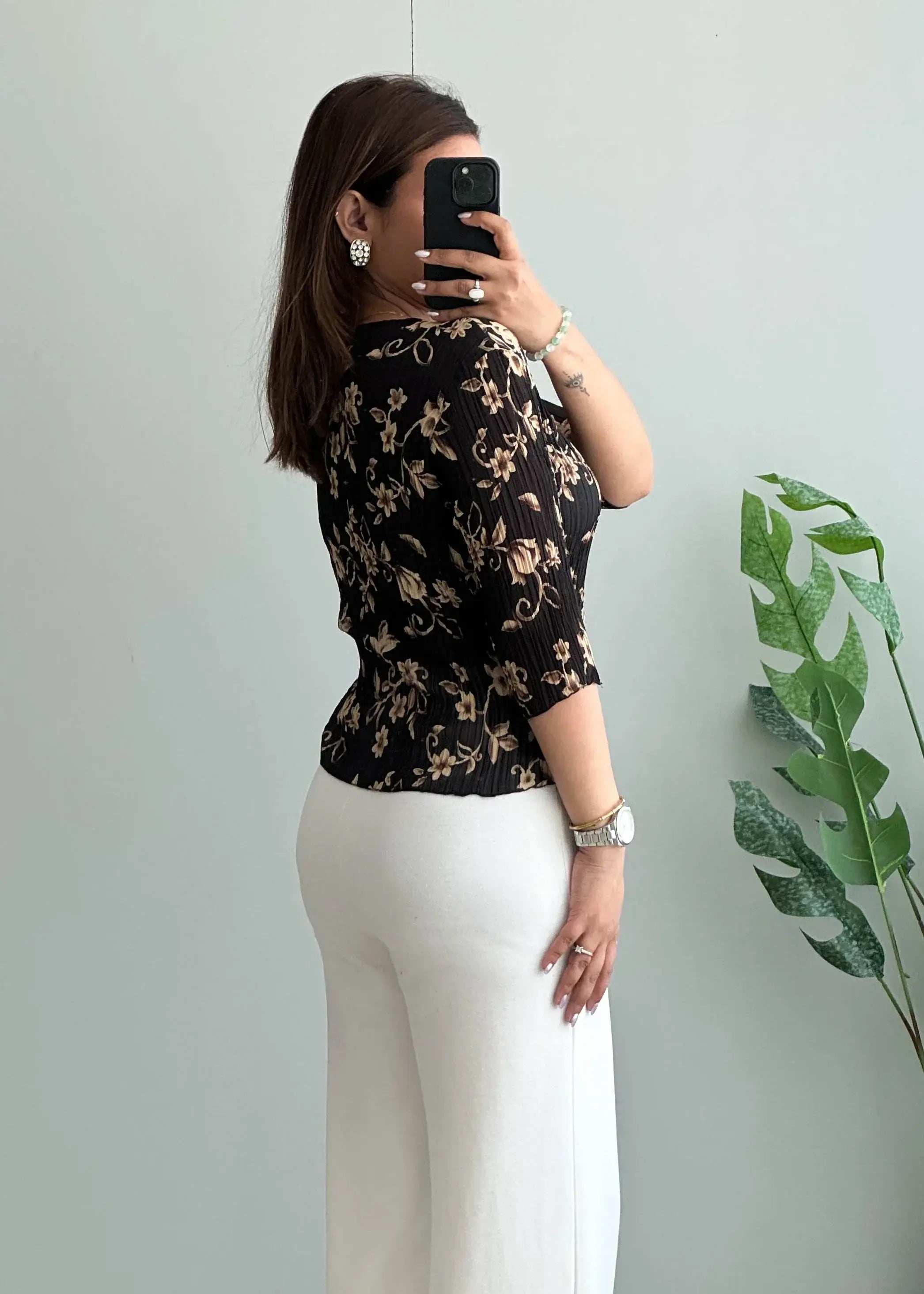 Size M-L, Black Floral Textured Blouse - Closet by Payal