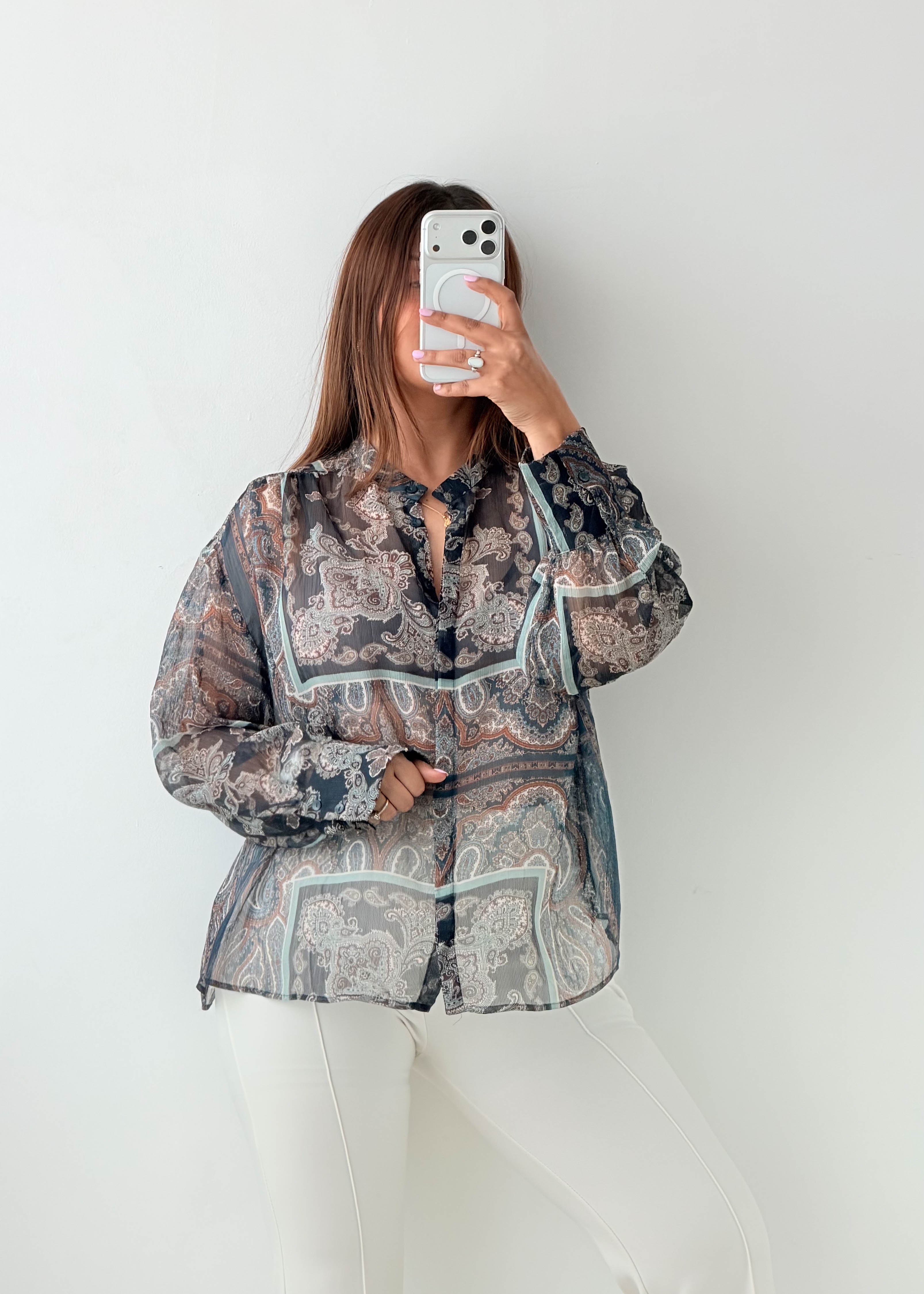 Size M-L Grey Paisley Sheer Shirt