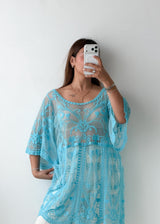 Free Size Aqua Blue Embroidered Mesh Kaftan Top