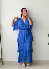 Size M-L Blue Cotton Tiered Maxi Dress