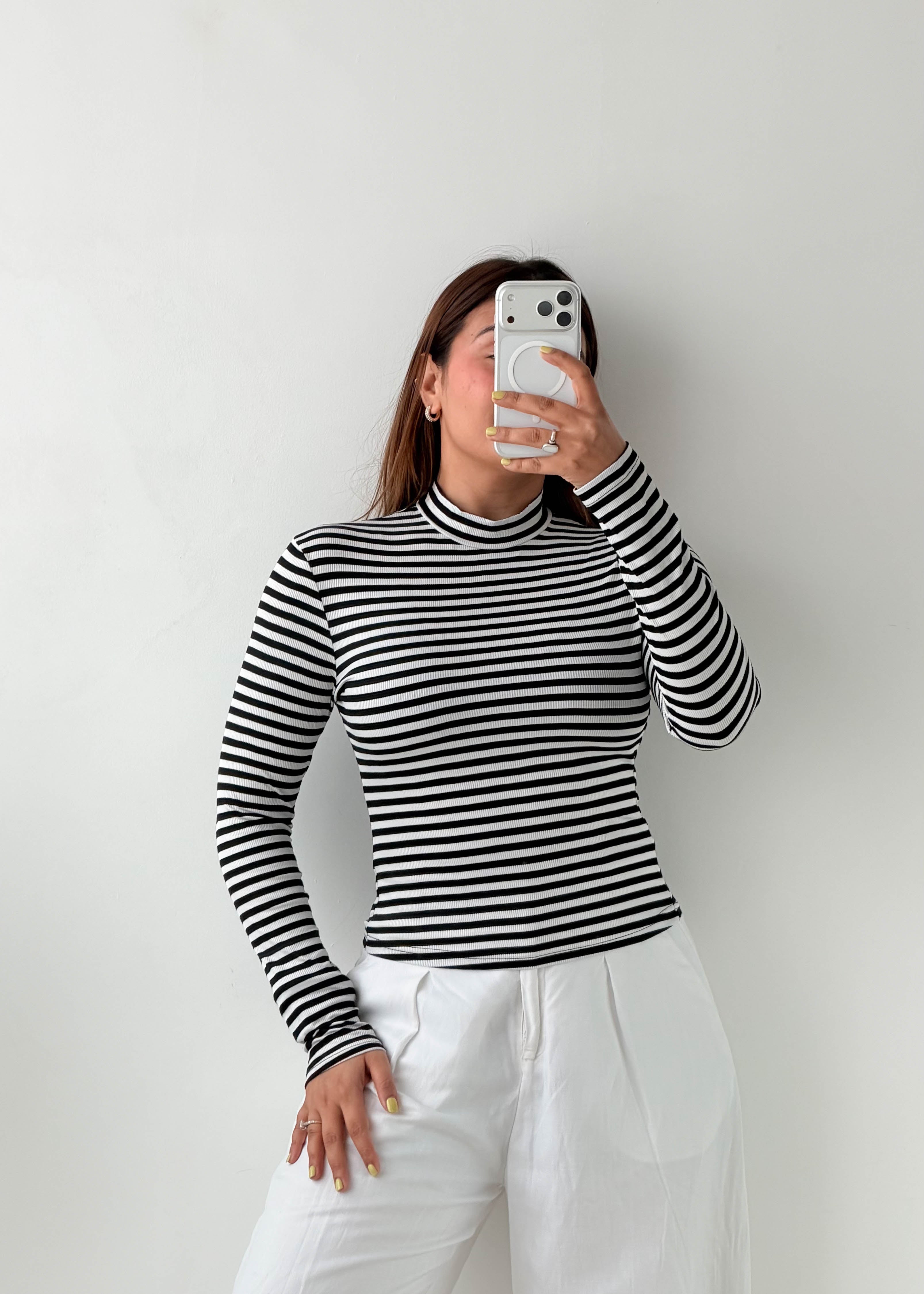 Size S-M Black & White Striped High Neck Top
