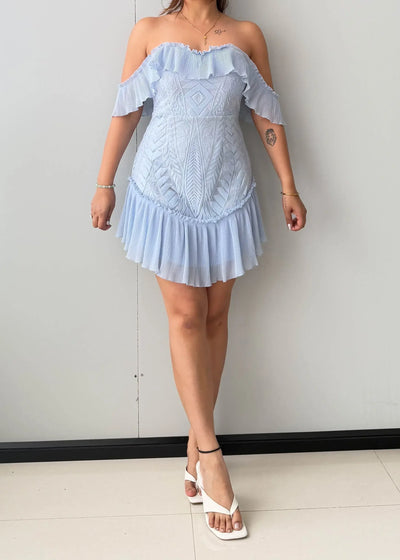 Size XS-S, Light Blue Off-Shoulder Ruffle Mini Dress - Closet by Payal