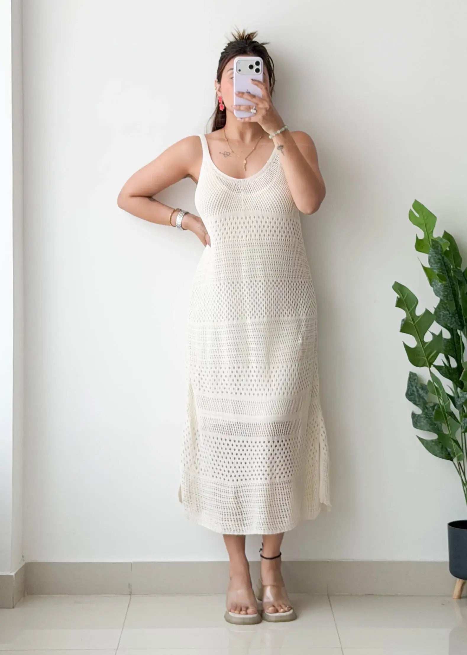 Size M-L, Beige Crochet Midi Dress