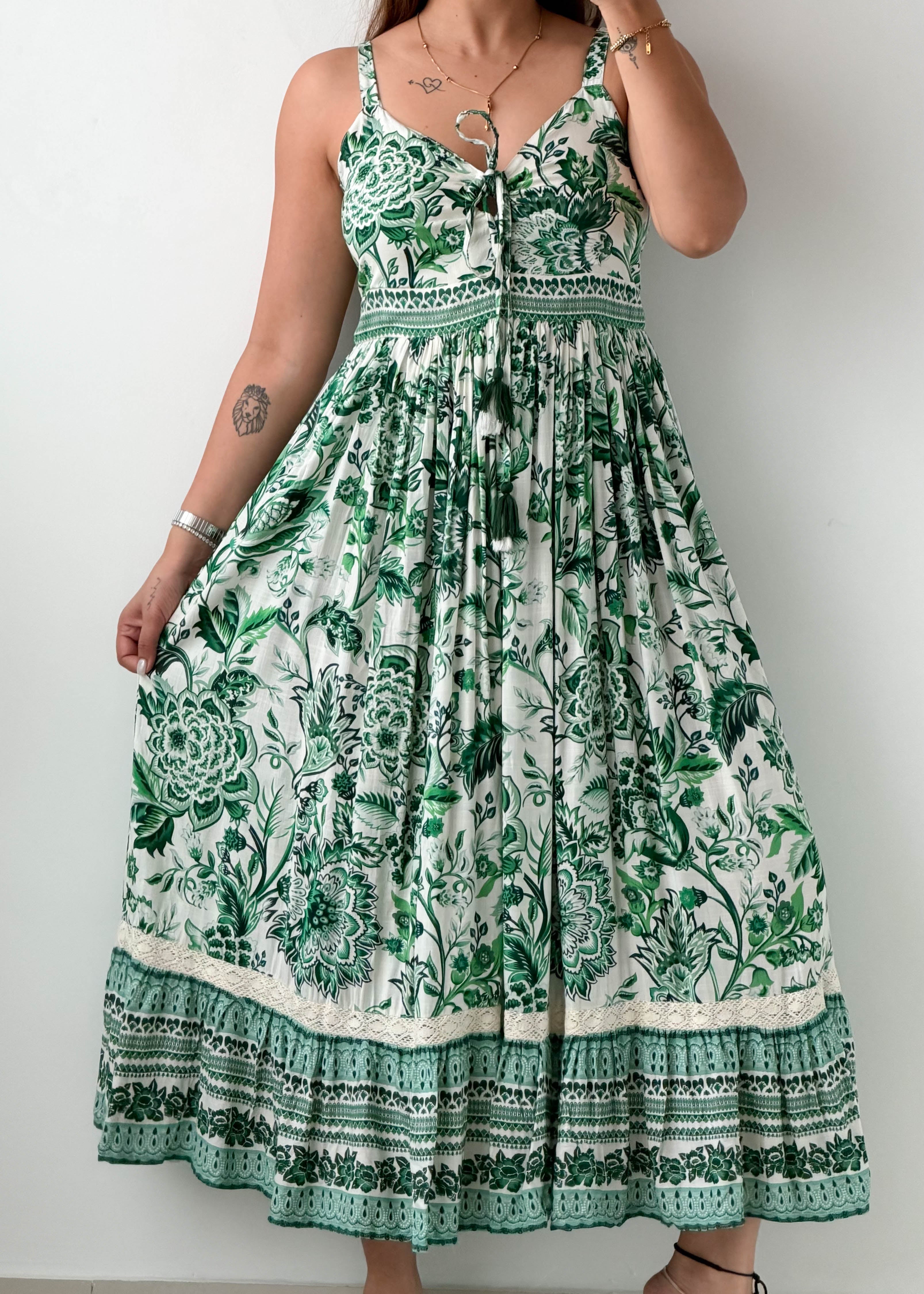 Size S-L Green Floral Printed Maxi Dress
