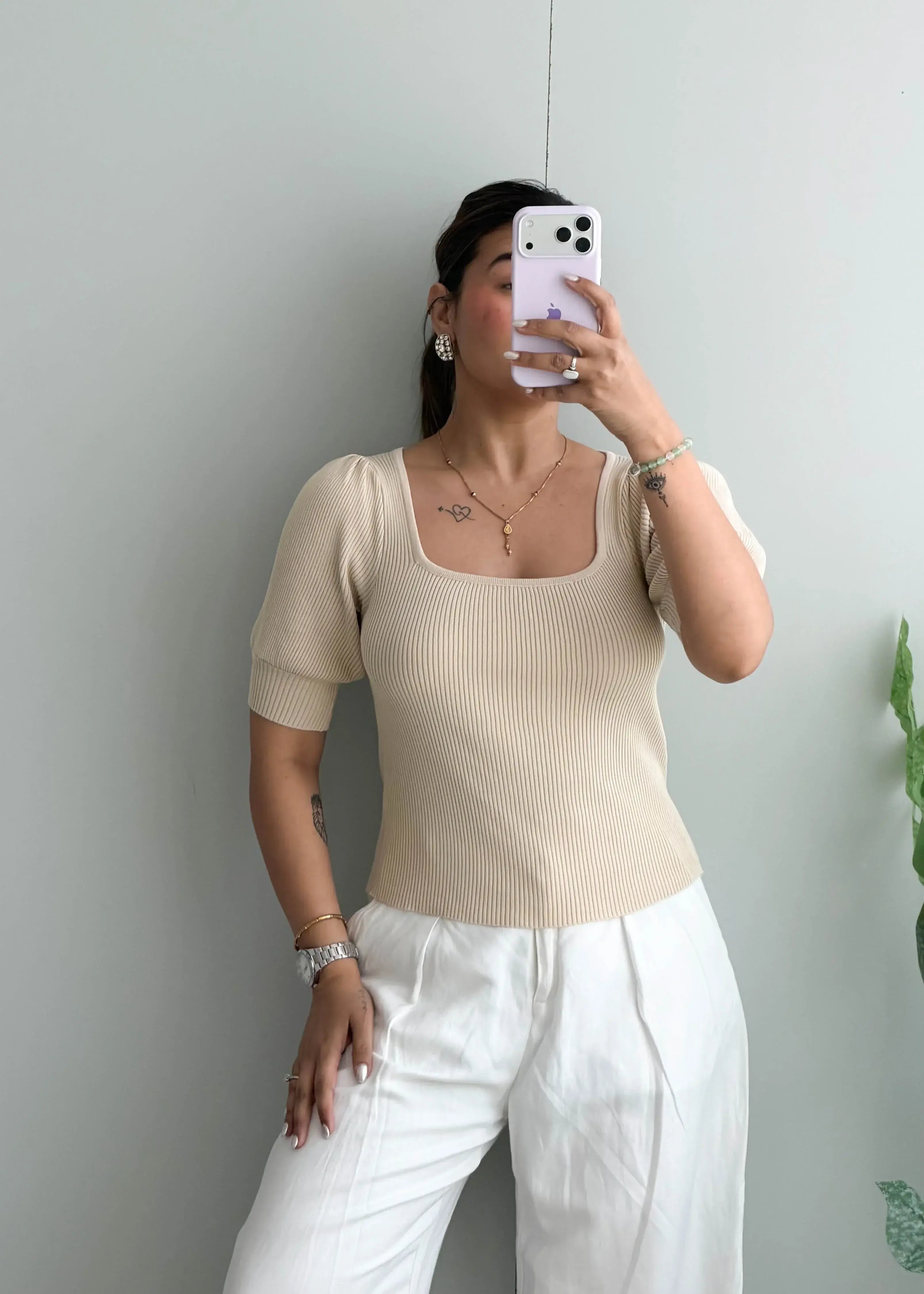 Size S-M, Beige Ribbed Half Sleeve Top - Closet by Payal