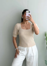 Size S-M, Beige Ribbed Half Sleeve Top - Closet by Payal