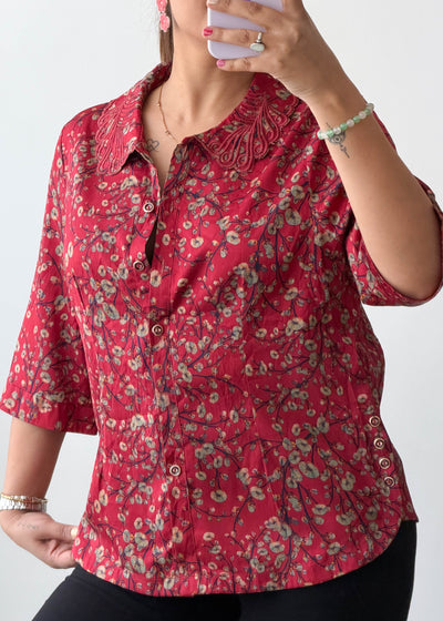 S-M Red Floral Print Cotton Voile Shirt