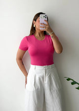 Size L, Hot Pink Round Neck Half Sleeve Bodysuit