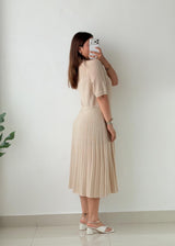 Size L-XL Beige Pleated Knit Midi Dress