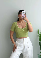 Size XS-S, Light Green Scoop Neck Ribbed Crop Top - Closet by Payal