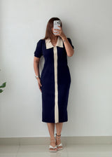 Size S-M Navy Contrast Collar Knit Midi Dress