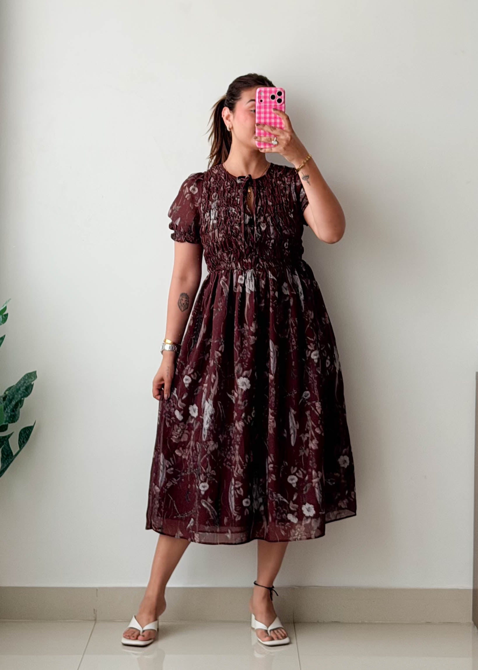 Size M-L Burgundy Floral Organza Midi Dress
