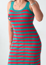 Size S-M Teal & Red Striped Knit Midi Dress