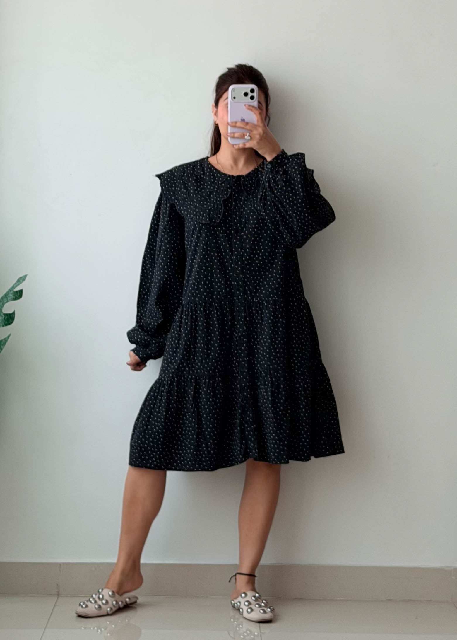 Size L-XL Black Swiss Dot Babydoll Dress