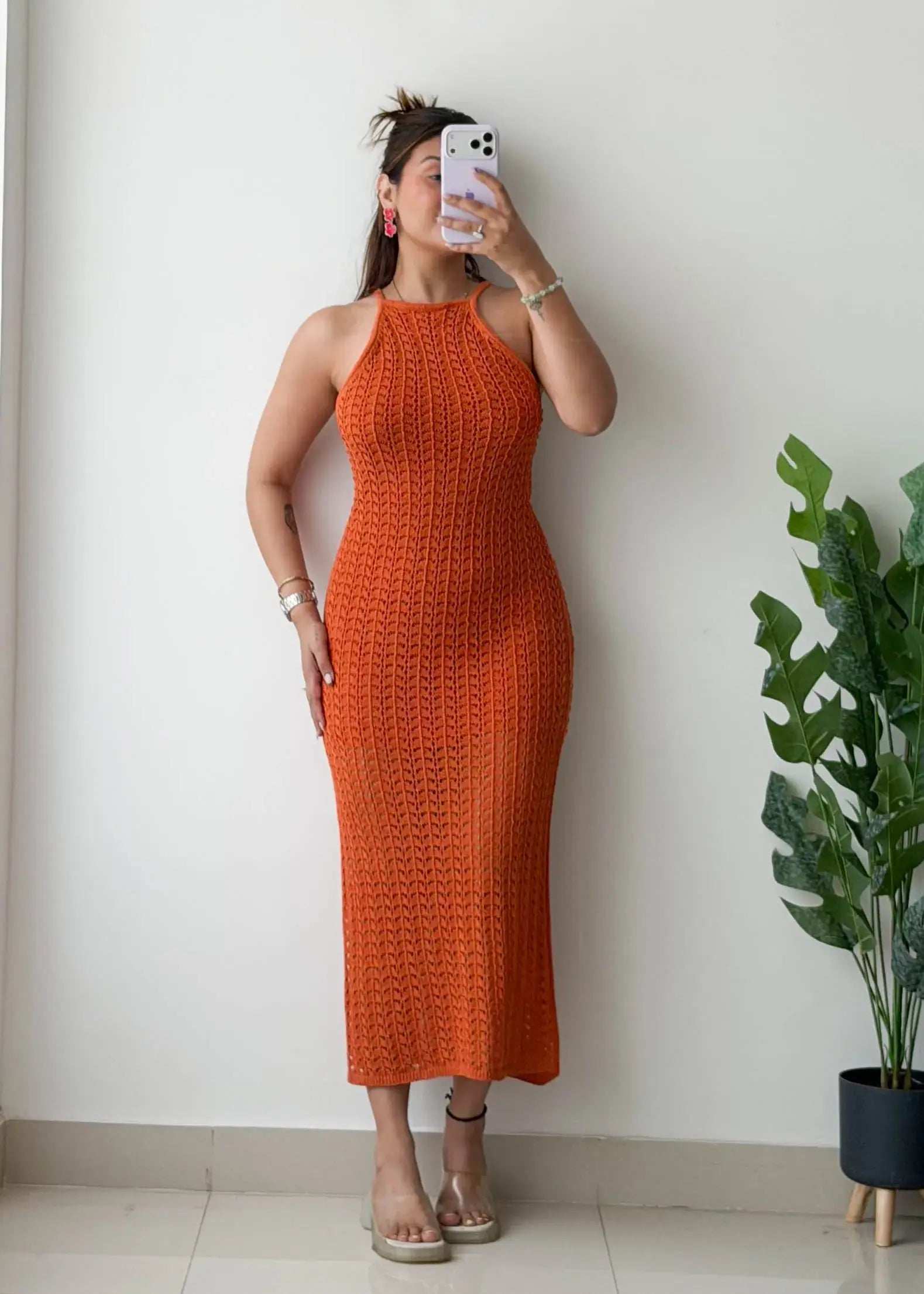Size L-XL, Orange Crochet Maxi Dress
