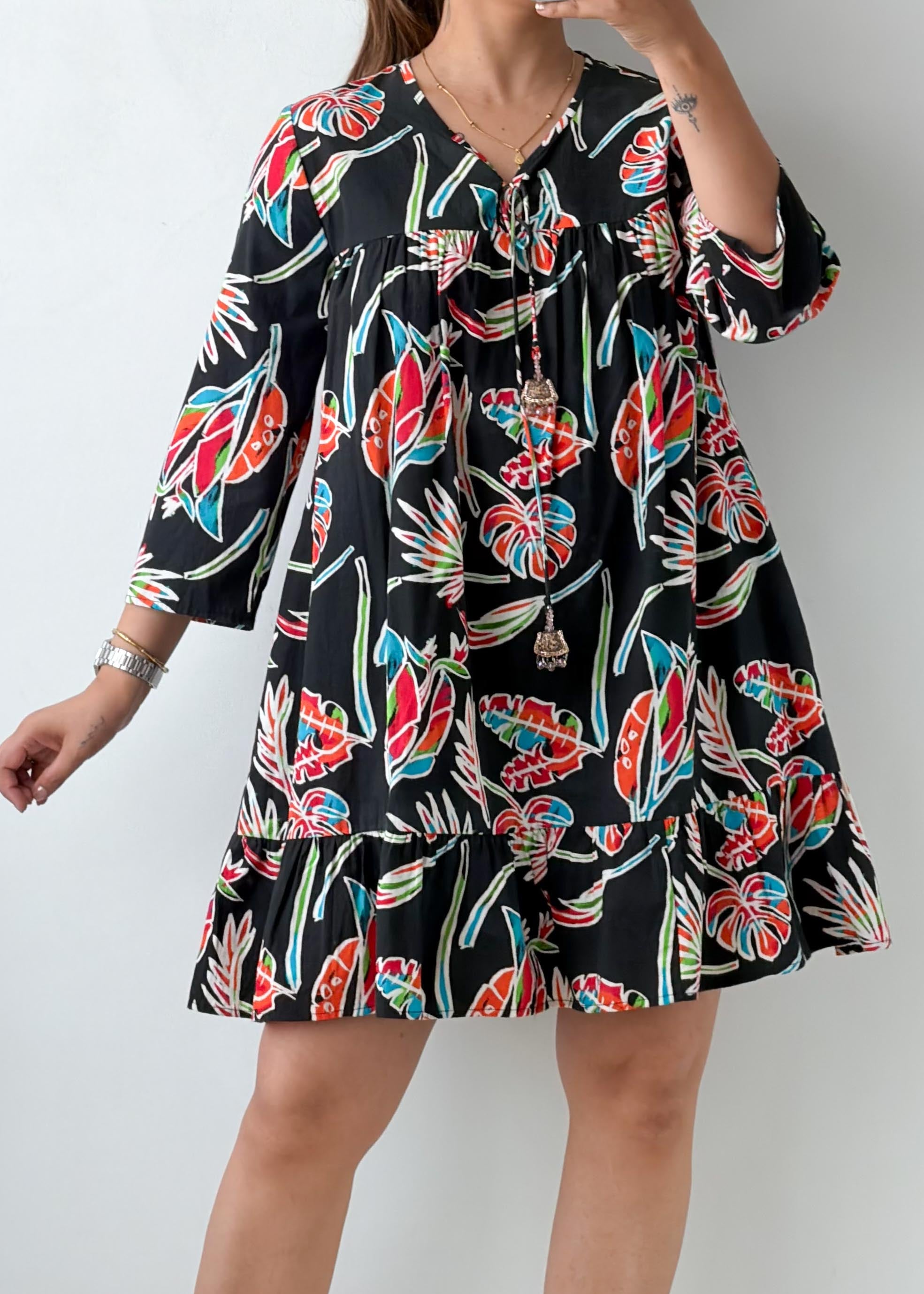 Size S-M Black Tropical Print Mini Dress