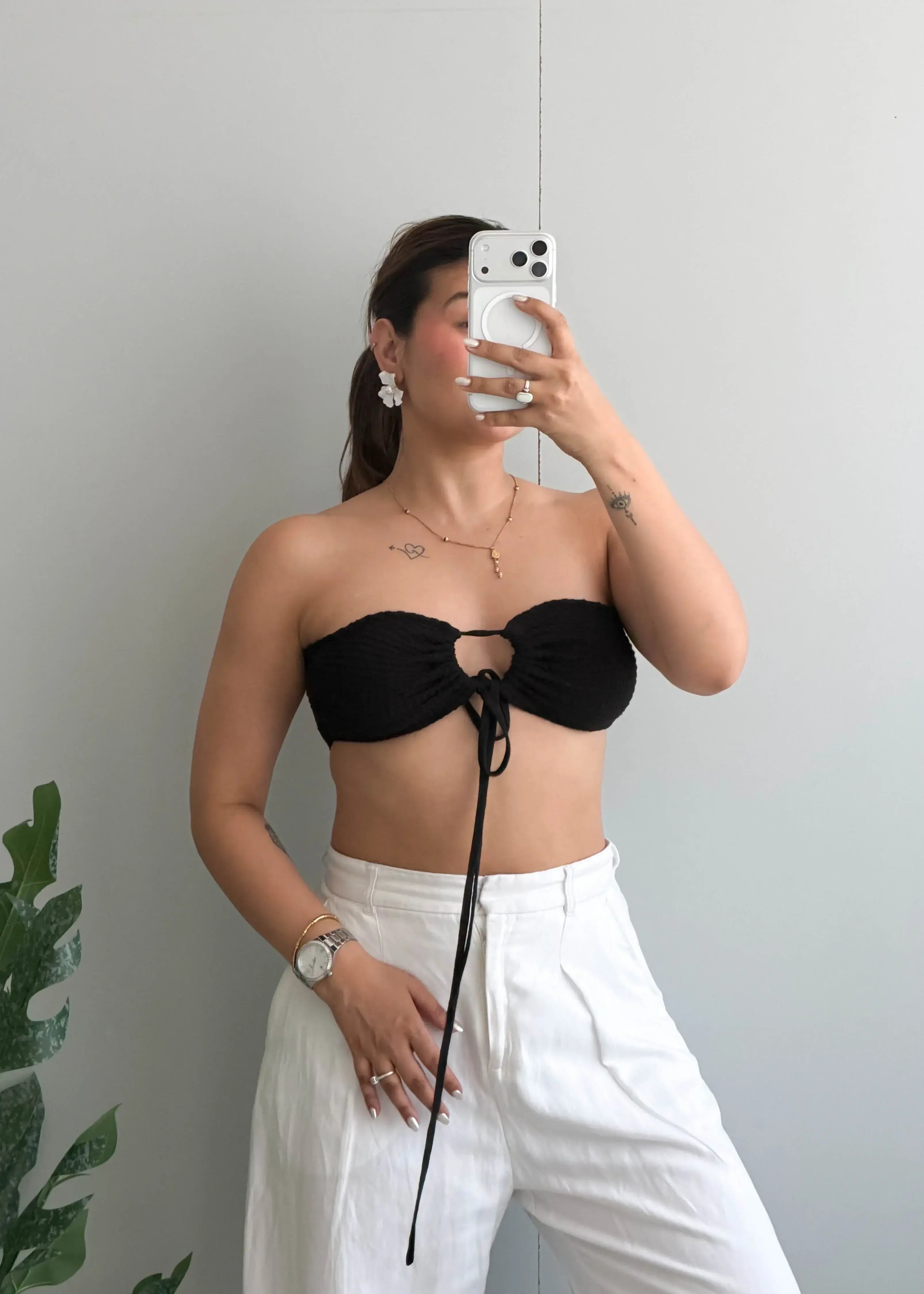 Size XS-S, Black Bandeau Tie-Front Crop Top - Closet by Payal