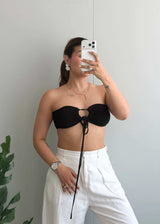 Size XS-S, Black Bandeau Tie-Front Crop Top - Closet by Payal